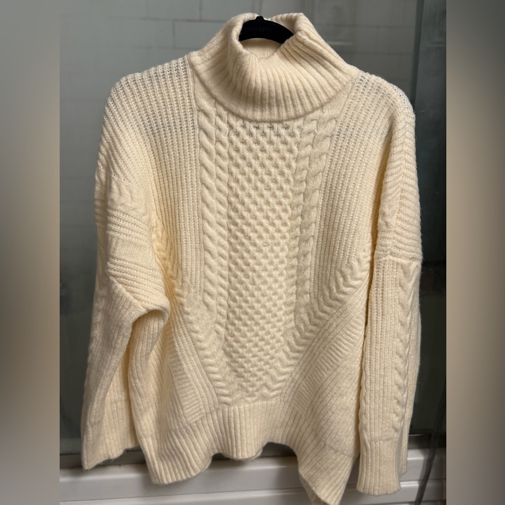 Oversize Cream Cable Knit Turtleneck Sweater